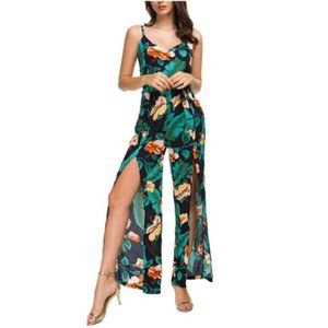 Backless Slit Leg Tie Waist Tropical Jumpsuit M